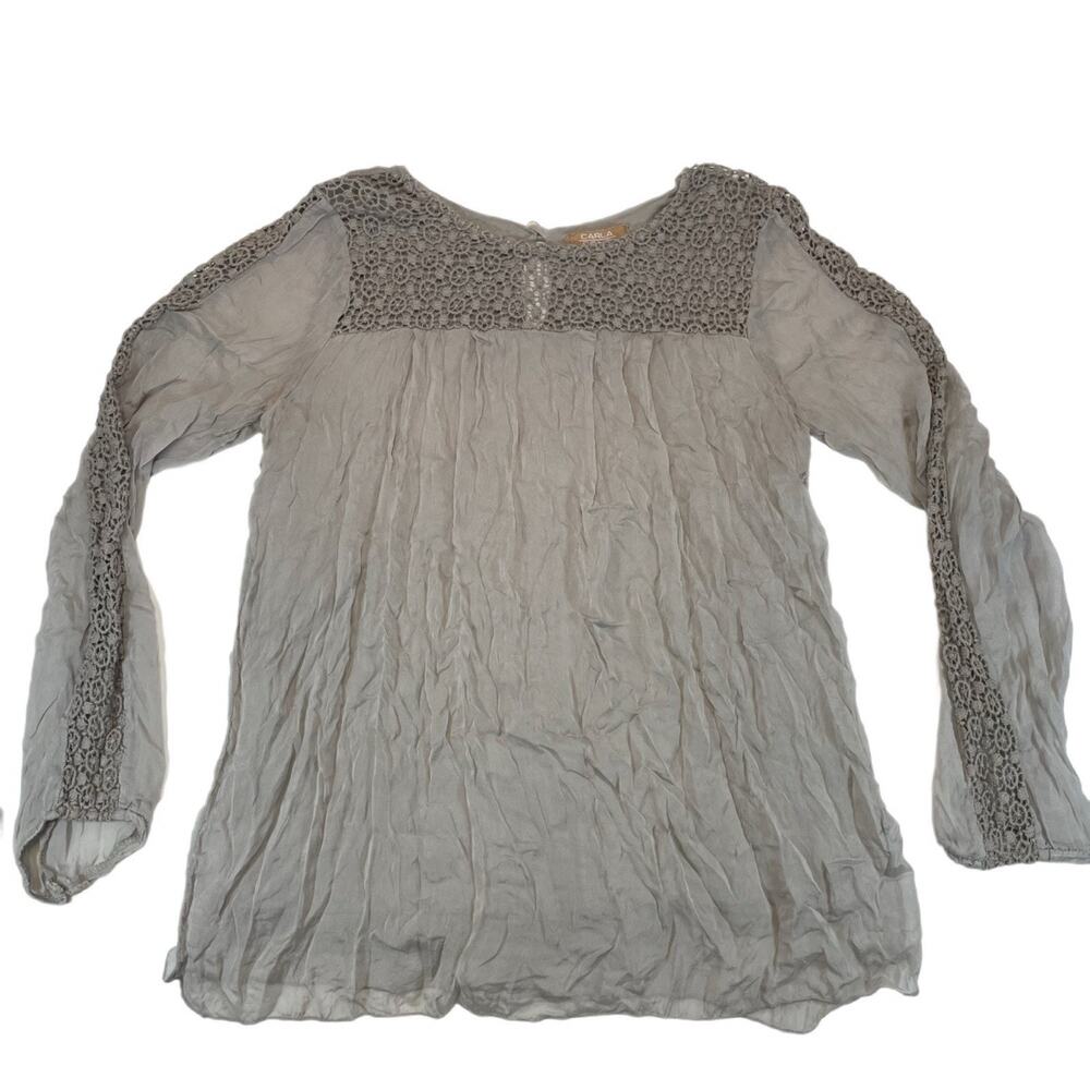 Carla Conti Made in Italy 100% Silk Crochet Peasant Blouse Gray Women's M